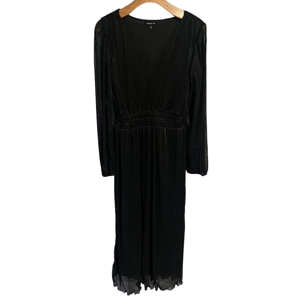 August Sky Maxi Dress Womens Large Black Ribbed V Neck Sheer Sleeve